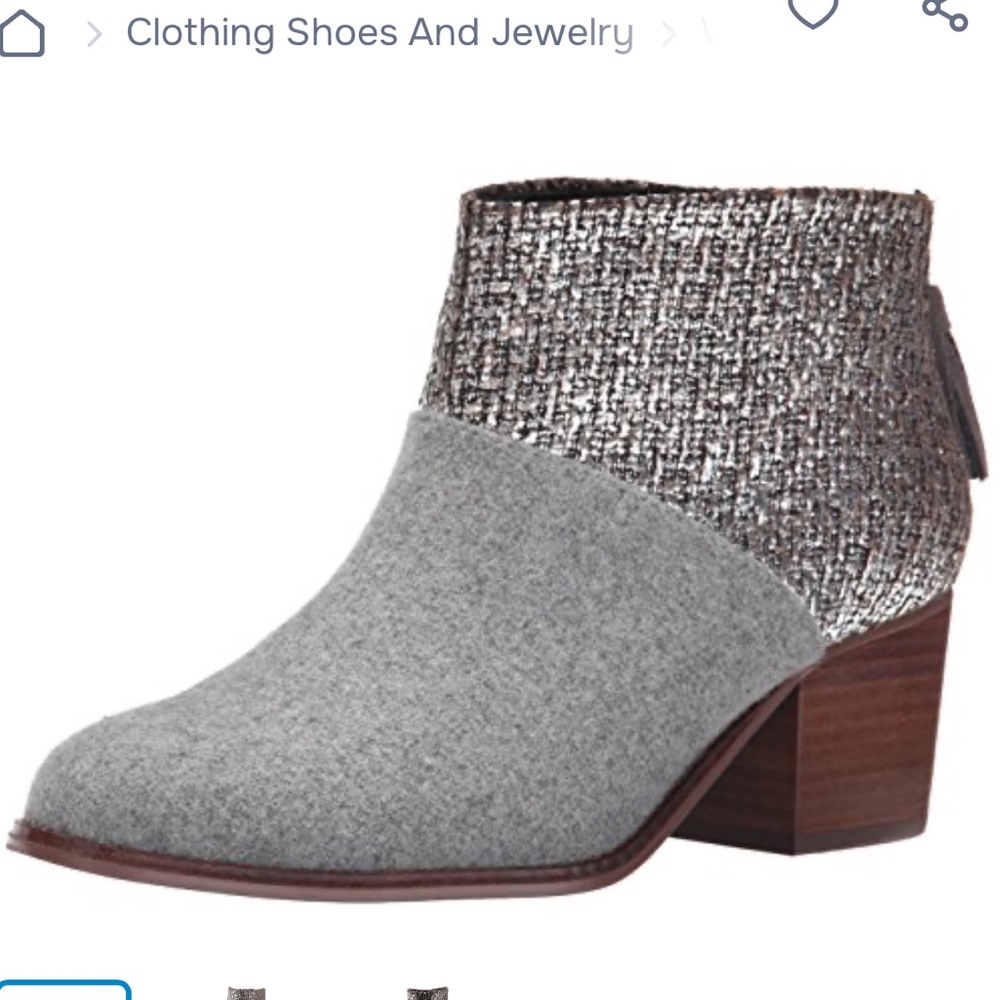TOMS Women's Leila Bootie Grey Felt Silver Boucle Boot Sz 9.5